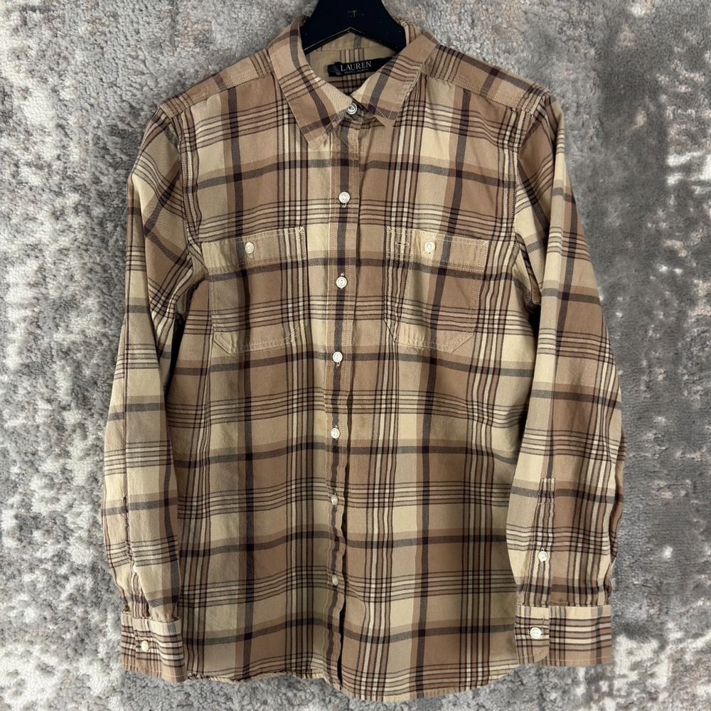Lauren Ralph‎ Lauren Size L Plaid Casual Button Top Brown Long Sleeve Collar